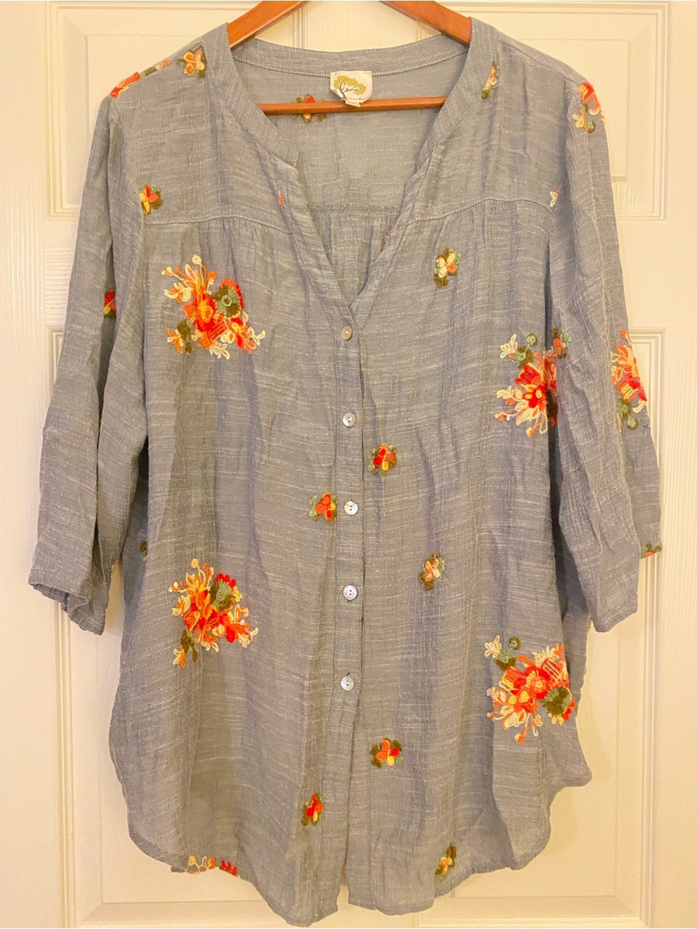 fig and flower Light Blue Button-Front Embroidered Women's Shirt